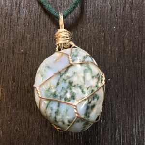 Wire-Wrapped Green Moss agate necklace